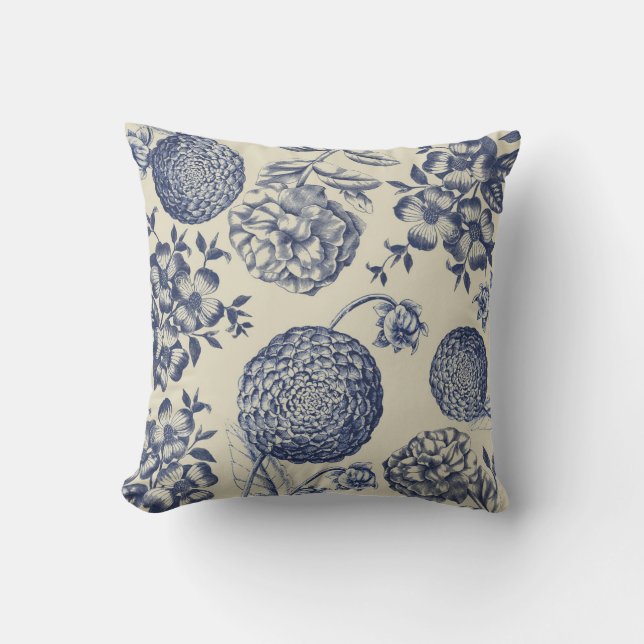 Antique Blue Flower Print Floral Cushion (Front)