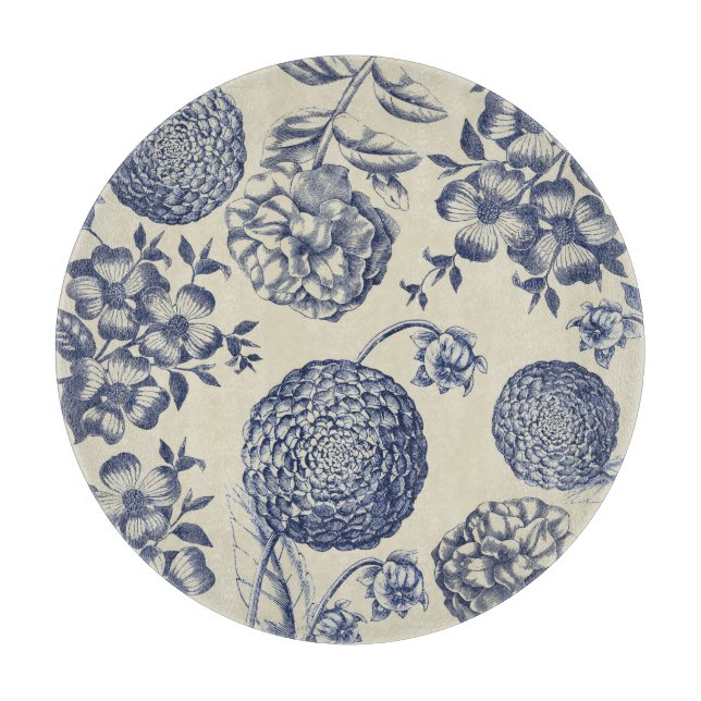 Antique Blue Flower Print Floral Cutting Board (Front)