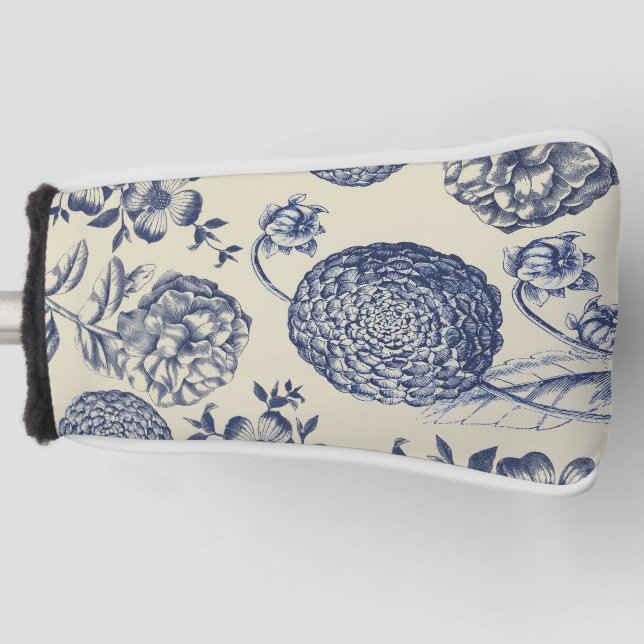 Antique Blue Flower Print Floral Golf Head Cover (Front)