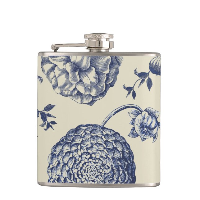 Antique Blue Flower Print Floral Hip Flask (Front)