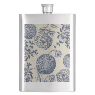 Antique Blue Flower Print Floral Hip Flask