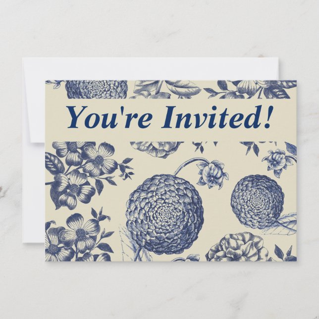 Antique Blue Flower Print Floral Invitation (Front)