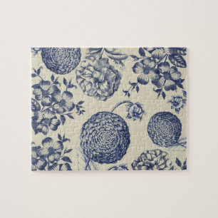 Antique Blue Flower Print Floral Jigsaw Puzzle