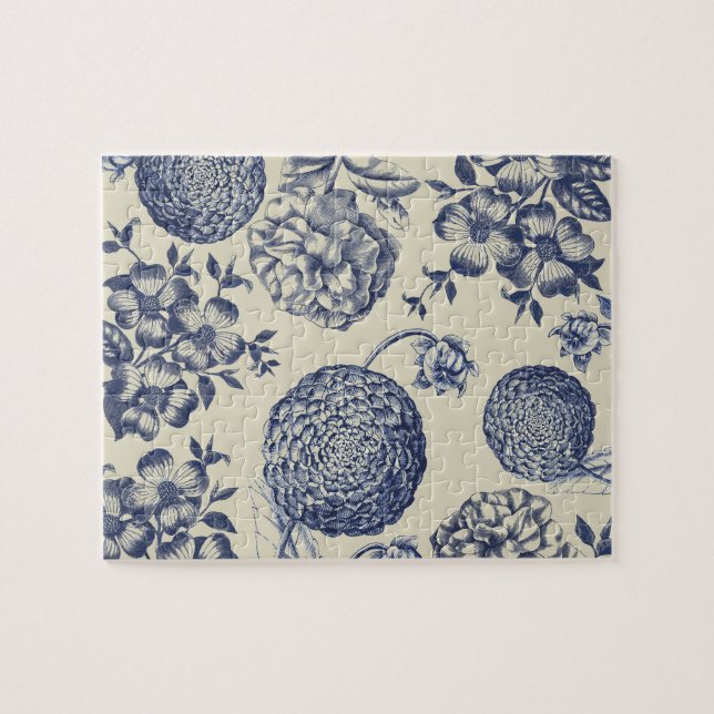 Antique Blue Flower Print Floral Jigsaw Puzzle (Horizontal)