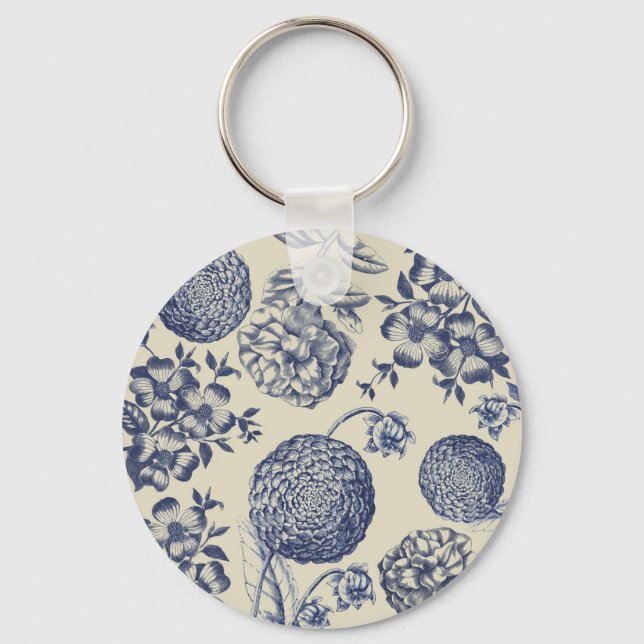 Antique Blue Flower Print Floral Key Ring (Front)