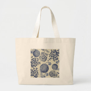 Antique Blue Flower Print Floral Large Tote Bag