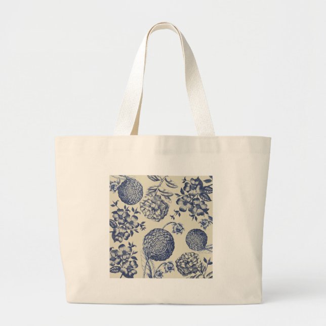 Antique Blue Flower Print Floral Large Tote Bag (Front)