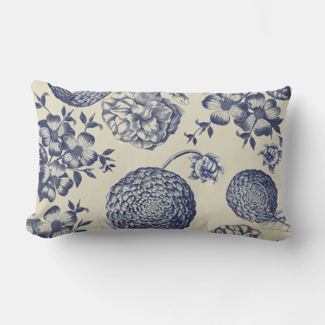 Antique Blue Flower Print Floral Lumbar Cushion (Front)