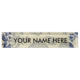 Antique Blue Flower Print Floral Nameplate