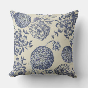 Antique Blue Flower Print Floral Outdoor Cushion