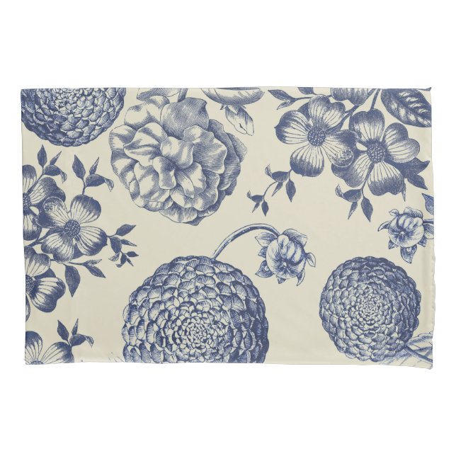 Antique Blue Flower Print Floral Pillowcase (Front)