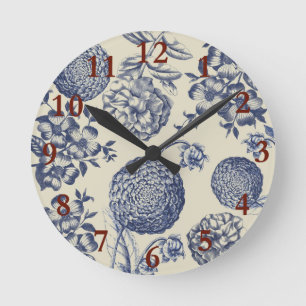 Antique Blue Flower Print Floral Round Clock