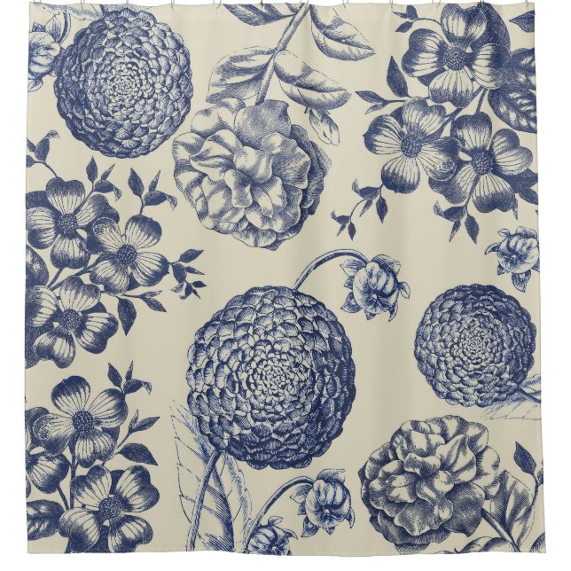 Antique Blue Flower Print Floral Shower Curtain (Front)