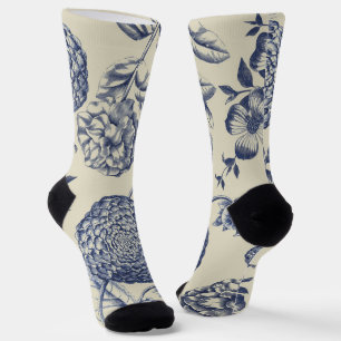 Antique Blue Flower Print Floral Socks
