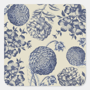 Antique Blue Flower Print Floral Square Sticker