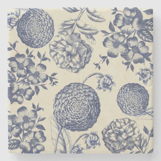 Antique Blue Flower Print Floral Stone Coaster (Front)