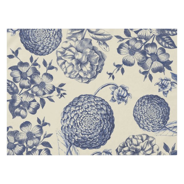 Antique Blue Flower Print Floral Tablecloth (Front (Horizontal))