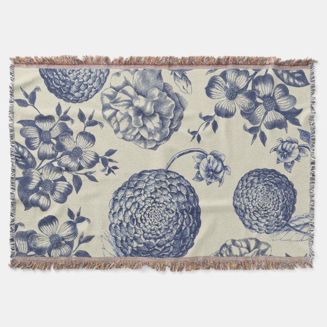 Antique Blue Flower Print Floral Throw Blanket (Front)