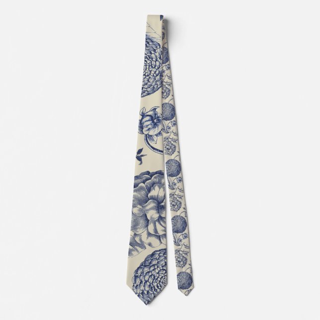 Antique Blue Flower Print Floral Tie (Front)