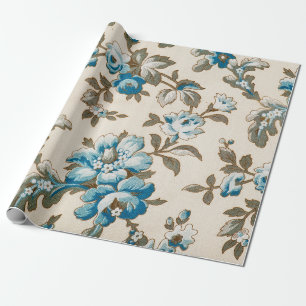 Antique Blue Flowers Floral Botanical Beige Wrapping Paper