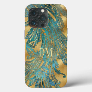 Antique Blue Grunge Swirl Monogram on Gold  iPhone 13 Pro Case