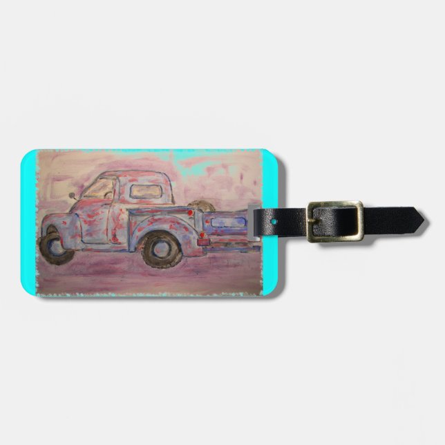 antique blue patina truck luggage tag (Front Horizontal)