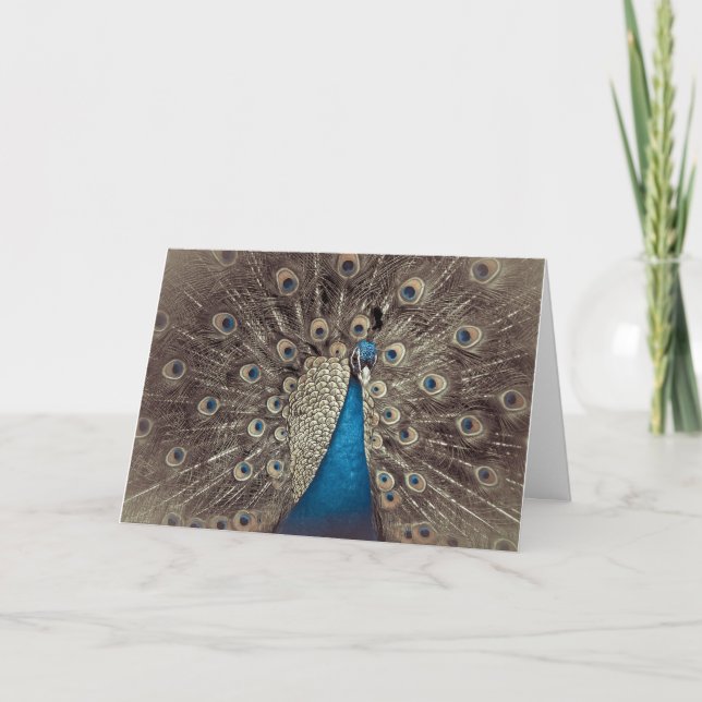 Antique Blue Peacock Folded Greeting Card (Front)