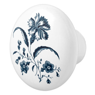 Antique Blue & White Flower Print Ceramic Knob