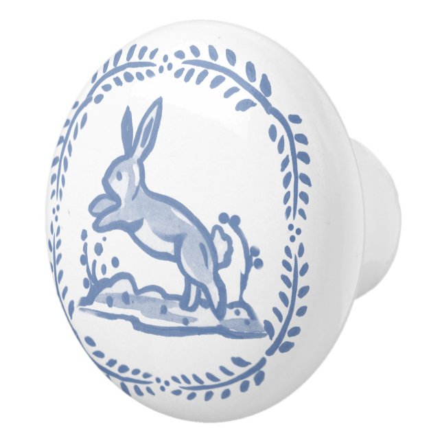 Antique Blue White Rabbit Delft Dedham Ceramic Knob (Right)