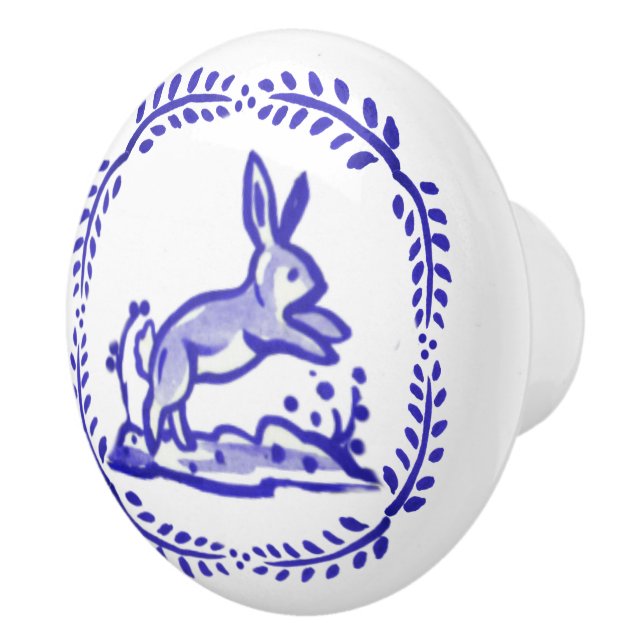 Antique Blue White Rabbit Delft Look Ceramic Pull (Right)