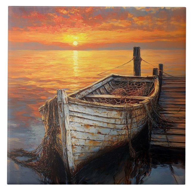 Antique Boat Fishing Nets by the Dock Ceramic Tile (Front)