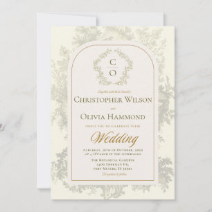 Antique Bohemian Toile Sage Green & Cream Wedding Invitation