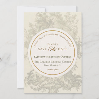Antique Bohemian Toile Sage Green & Cream Wedding Save The Date