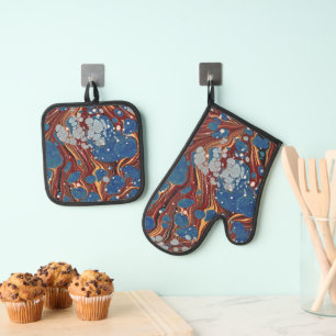 Antique Book Marbled (Blue) Oven Mitt & Pot Holder Set