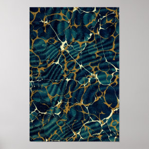 Antique Bookbinding Marbled Endpaper Blue Marbling Poster