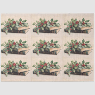 ANTIQUE BOOKS AND HOLLYBERRIES Christmas Pattern Tissue Paper