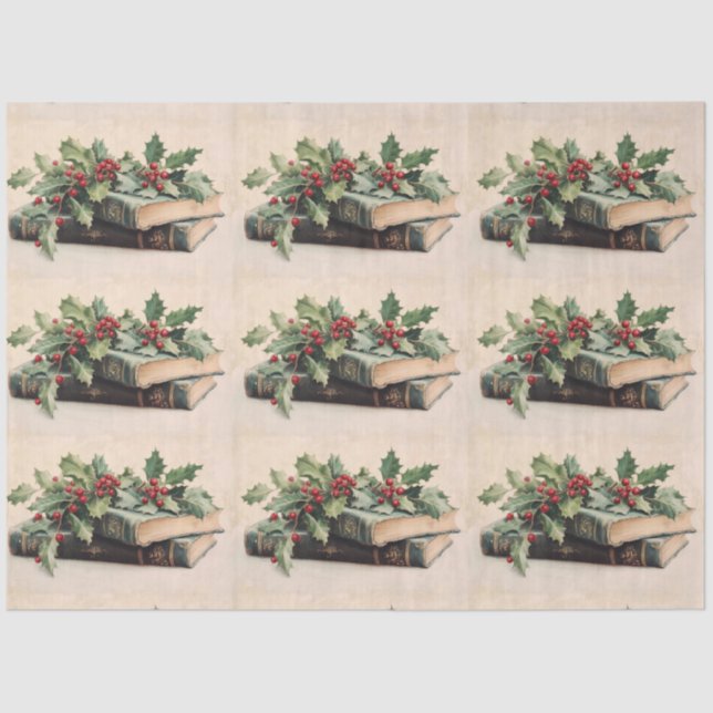 ANTIQUE BOOKS AND HOLLYBERRIES  Christmas Pattern Tissue Paper (Front)