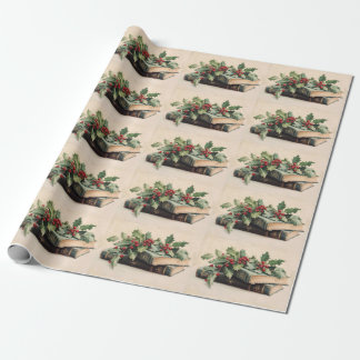 ANTIQUE BOOKS AND HOLLYBERRIES Christmas Pattern Wrapping Paper