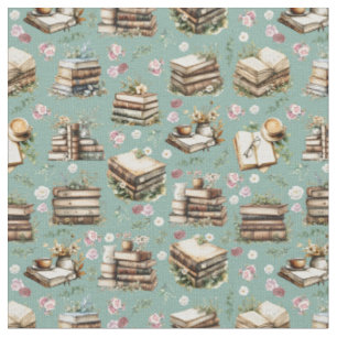 Antique Books & Flowers on Light Viridian Green Fabric