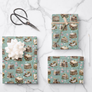 Antique Books & Flowers on Light Viridian Green Wrapping Paper Sheet