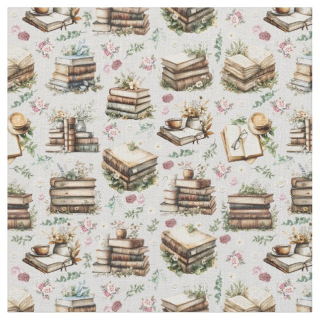 Antique Books & Flowers on Pale Gray Fabric (Close Up)