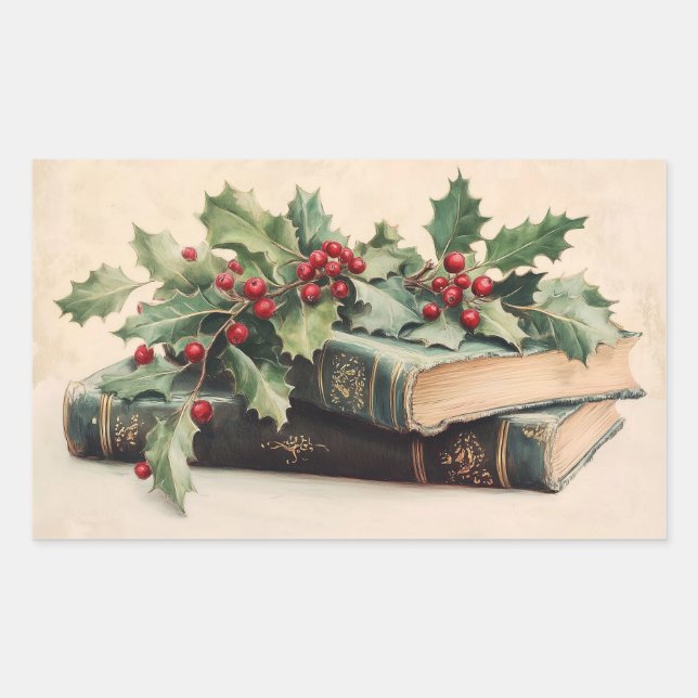 ANTIQUE BOOKS WITH HOLLYBERRIES Vintage Christmas Rectangular Sticker (Front)