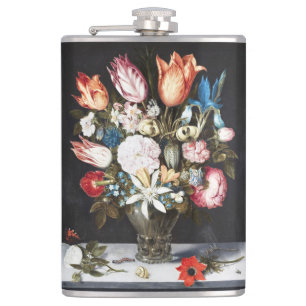Antique Bosschaert Dutch Tulips and Roses Art Hip Flask