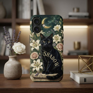 Antique Botanical Victorian Floral Moon Black Cat