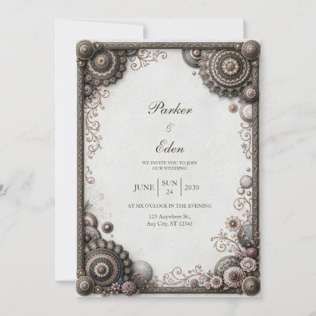 Antique Bronze Medallion Wedding Invitation (Front)
