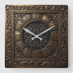 Antique Bronze Victorian Damask Square Wall Clock