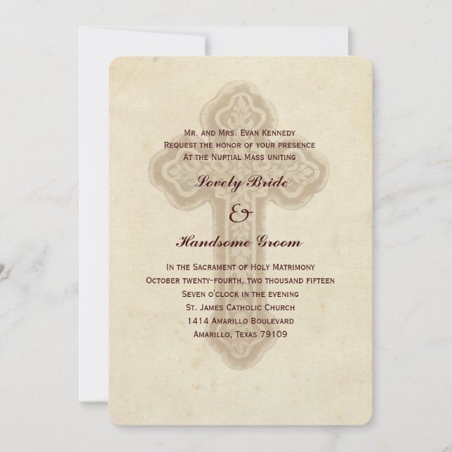 Antique Brown Cross Catholic Wedding Invitation (Front)
