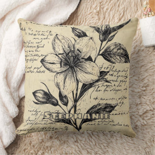 Antique Brown Flowers Calligraphy Parchment Cushion