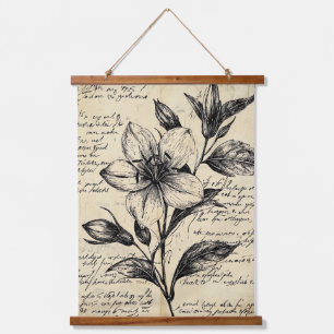 Antique Brown Flowers Calligraphy Parchment Hanging Tapestry