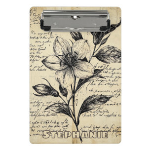 Antique Brown Flowers Calligraphy Parchment Mini Clipboard